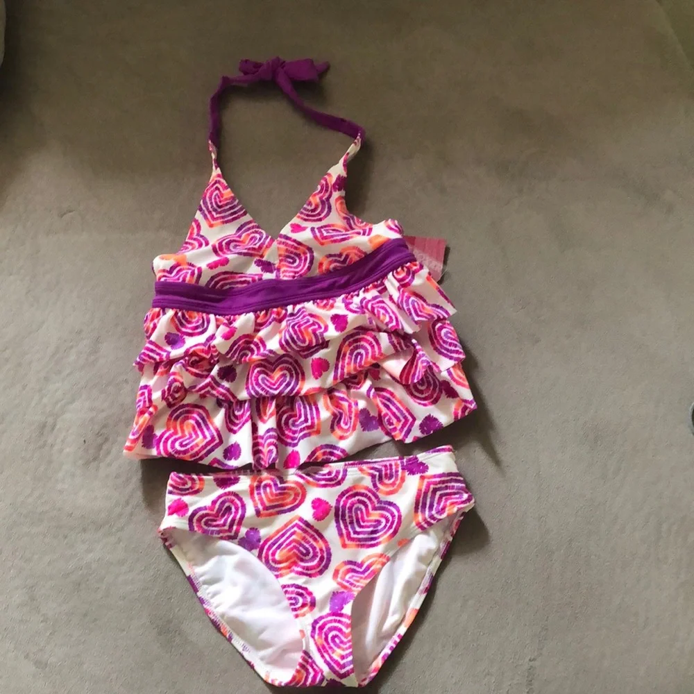 Joe Box 2 Piece Swim Suit Girls 10/12 Large Pink Purple White Ruffles Halter NWT